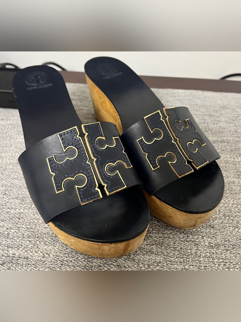 Tory Burch Navy with Gold trim 
Leather Platform Slide Sandals